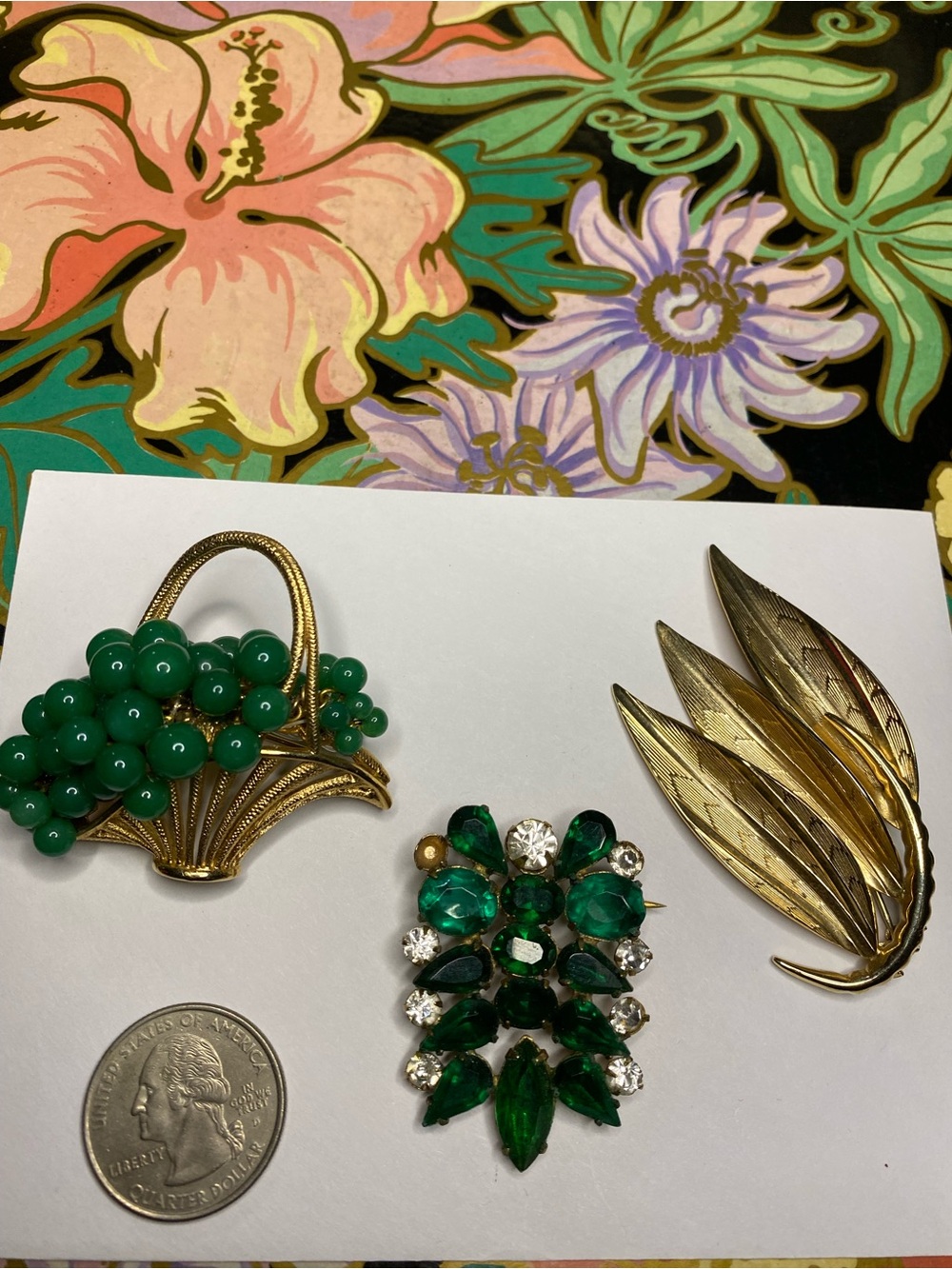 Vintage Green Glass and Gold Tone Brooch Trio - Green and Gold Fashion Pins